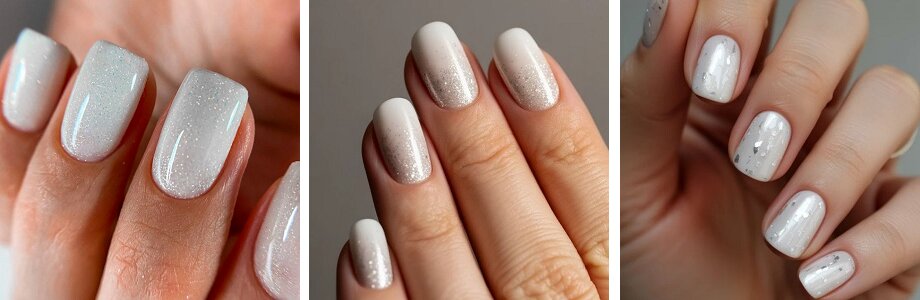 Milky nail design with glitter