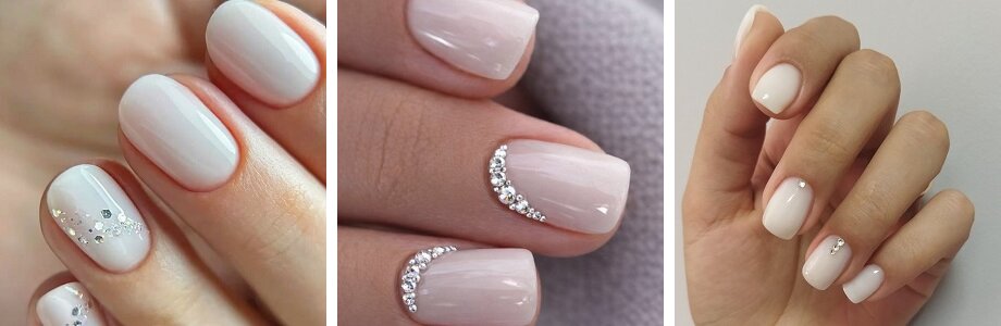 Milky nail ideas with rhinestones
